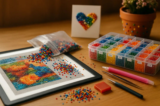 Diamond painting werkplek met uitgestorte steentjes, opbergdoos, pen en pincet naast hartvormig kunstwerk en bloempot