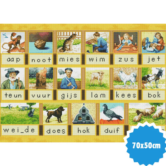 Diamond painting van het klassieke leesplankje met Aap Noot Mies, formaat 70x50 cm.