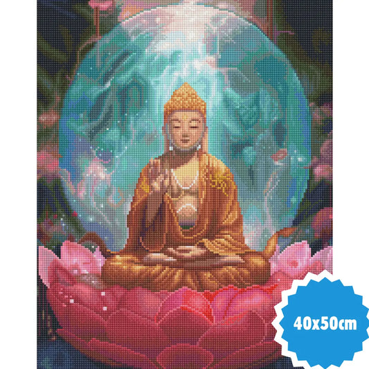 Diamond painting van zittende boeddha op roze lotusbloem met magische sfeer, formaat 40x50 cm