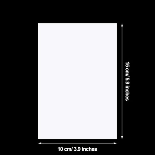 Witte rechthoekige afdeksticker van 10 x 15 cm voor diamond painting, weergegeven met afmetingen in centimeters en inches.
