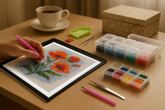 Hand plaatst steentjes op verlichte diamond painting met oranje bloemen, omringd door sorteerdoosjes en accessoires op tafel