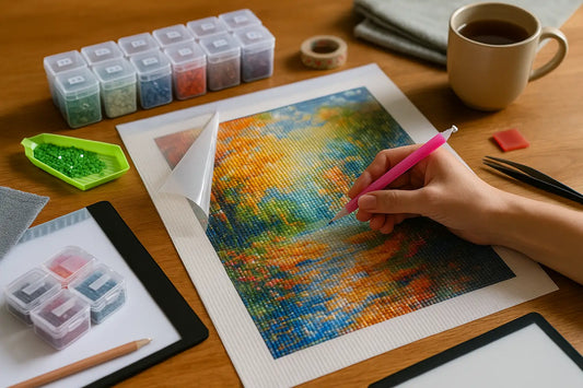 Hand die werkt aan een kleurrijk landschap diamond painting met accessoires zoals opbergdoosjes, pincet en een kop thee op een houten tafel.