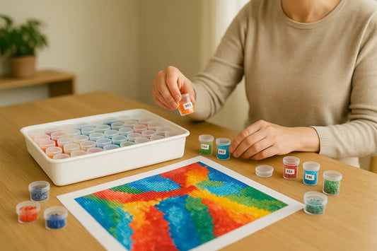 Persoon werkt aan kleurrijke abstracte diamond painting met potjes DMC-steentjes op tafel, waaronder oranje, rood, groen en blauw.