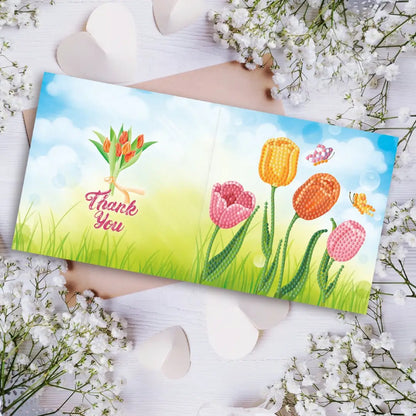 Diamond painting wenskaart met de tekst 'Thank you' en tulpen in een veld