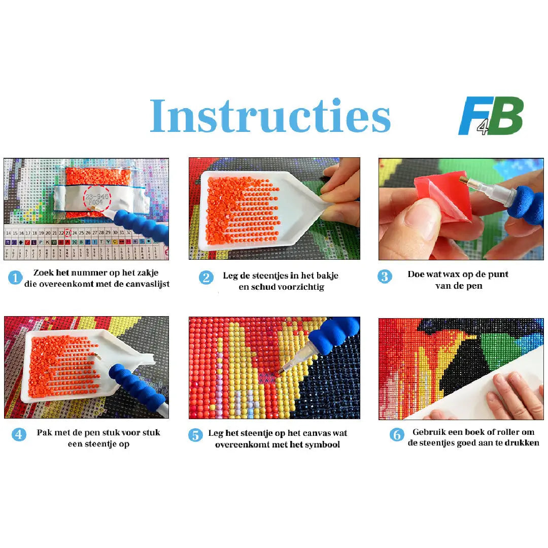 Instructies voor diamond painting met zes stappen: zoeken van nummers op zakjes, steentjes in bakje leggen, wax op penpunt doen, steentjes oppakken met pen, steentjes op canvas plaatsen, steentjes aandrukken met boek of roller.