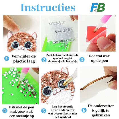 Stap-voor-stap visuele instructies voor het maken van een diamond painting onderzetter met een kattenontwerp.