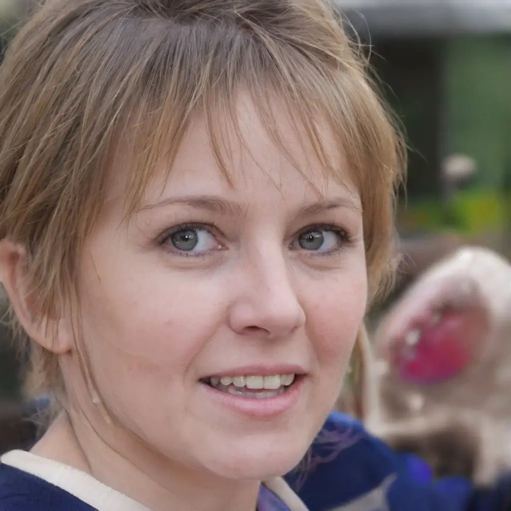 Portret van een vrouw met kort, blond haar en blauwe ogen, lachend naar de camera met een groene achtergrond.