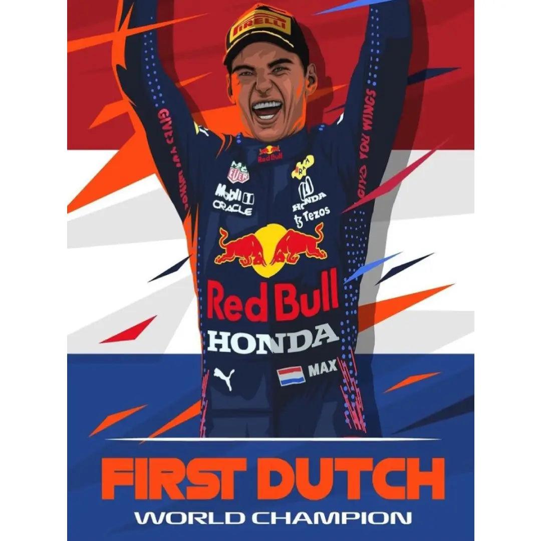 Diamond painting van Max Verstappen in Red Bull-racepak, vierend als de eerste Nederlandse wereldkampioen Formule 1, met kleurrijke strepen en vlag op de achtergrond.