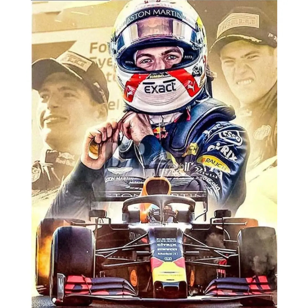 Diamond painting van Formule 1-coureur Max Verstappen met Aston Martin Red Bull-auto en helm in dynamische racepose.