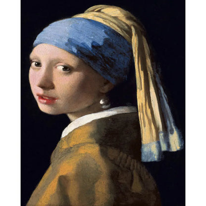 Diamond painting van Meisje met de parel, een iconisch schilderij van Johannes Vermeer met een meisje dat een parel draagt.