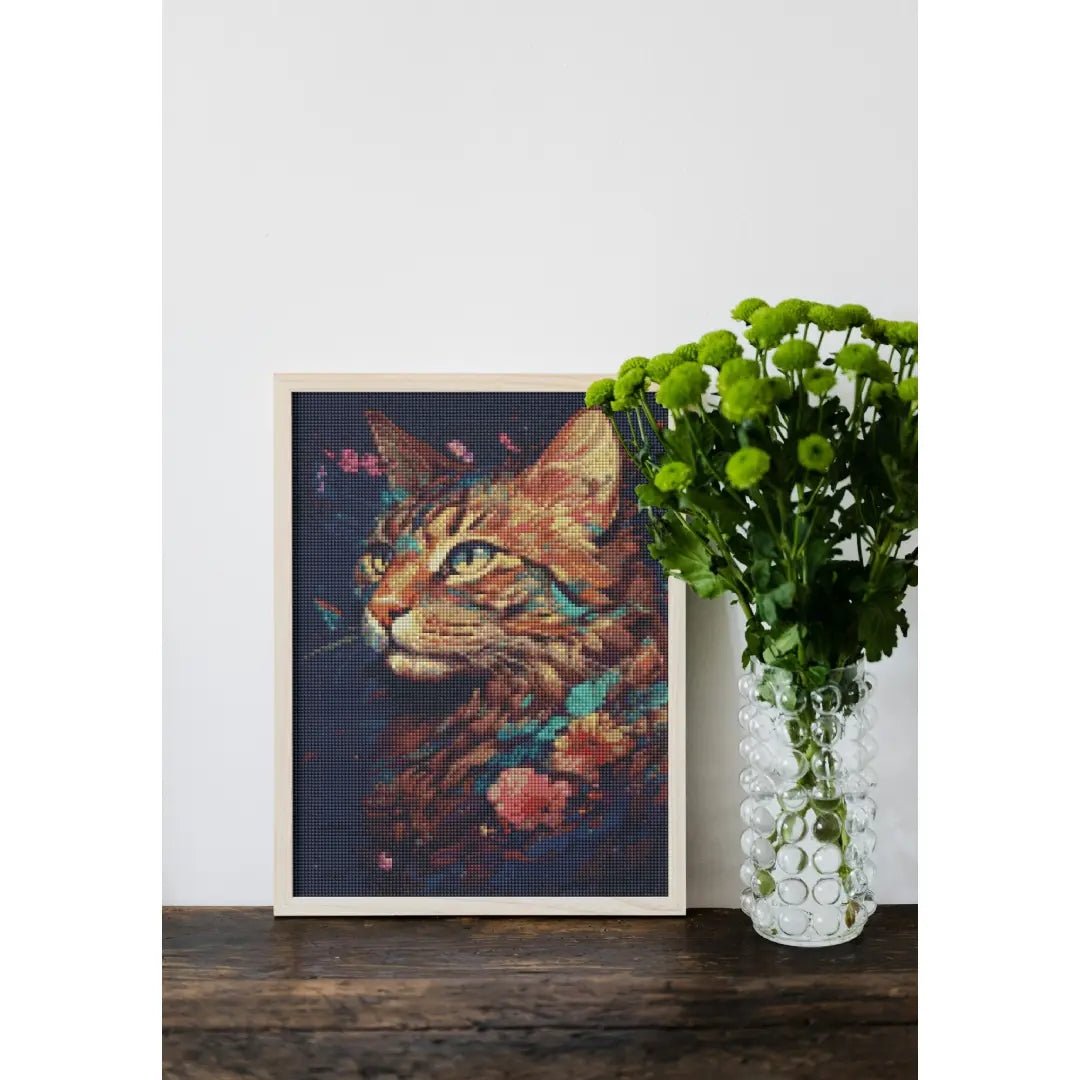 Diamond painting van een kat met bloemen, geplaatst op een houten oppervlak naast een vaas met groene bloemen.