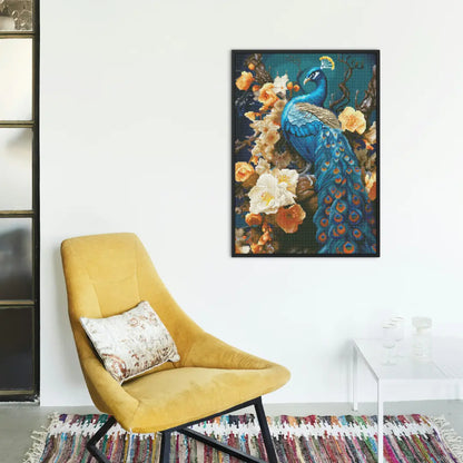 Diamond painting van een pauw tussen bloemen, aan de muur naast een gele fauteuil en een kleurrijk tapijt.