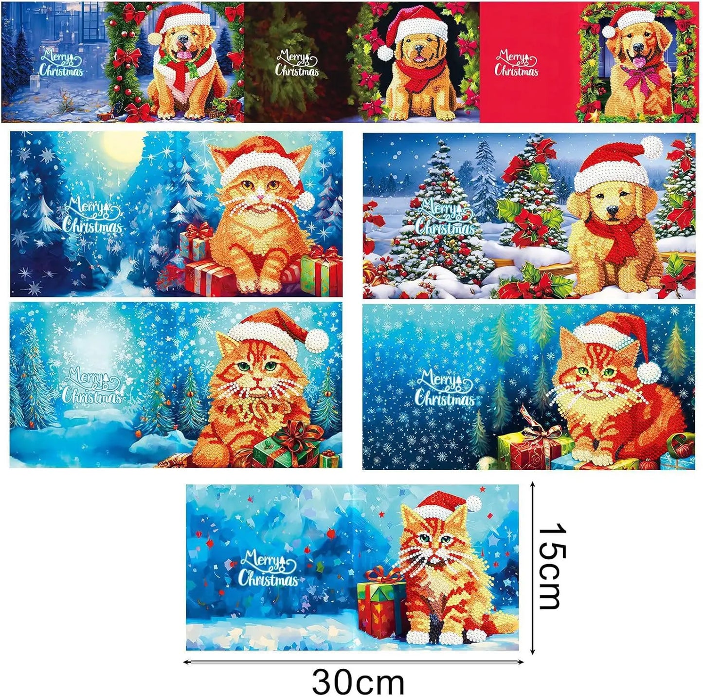 Diamond Painting Karten - Weihnachtskarten (2) - 15x15cm - 8-teilig - Runde Steinchen - Mit Umschlägen