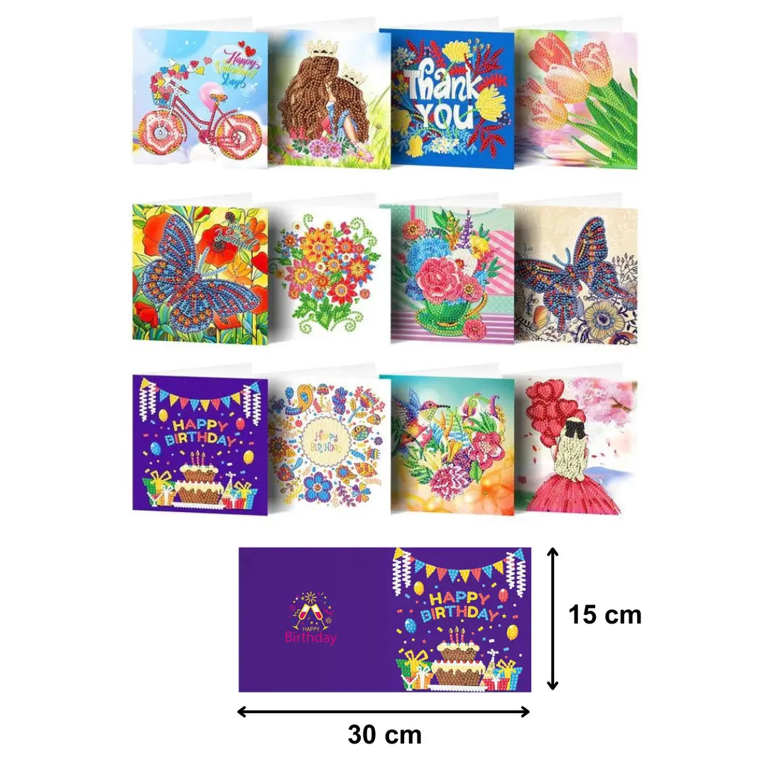 Diamond Painting Karten - Grußkarten (3) - 15x15cm - 12-teilig - Runde Steinchen - Mit Umschlägen