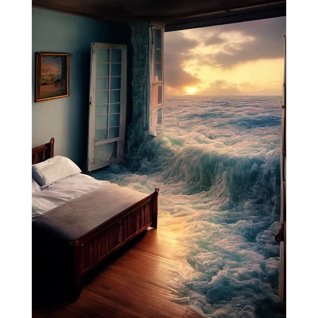 Diamond painting van een surrealistisch beeld van een slaapkamer met uitzicht op een stormachtige zee bij zonsondergang.