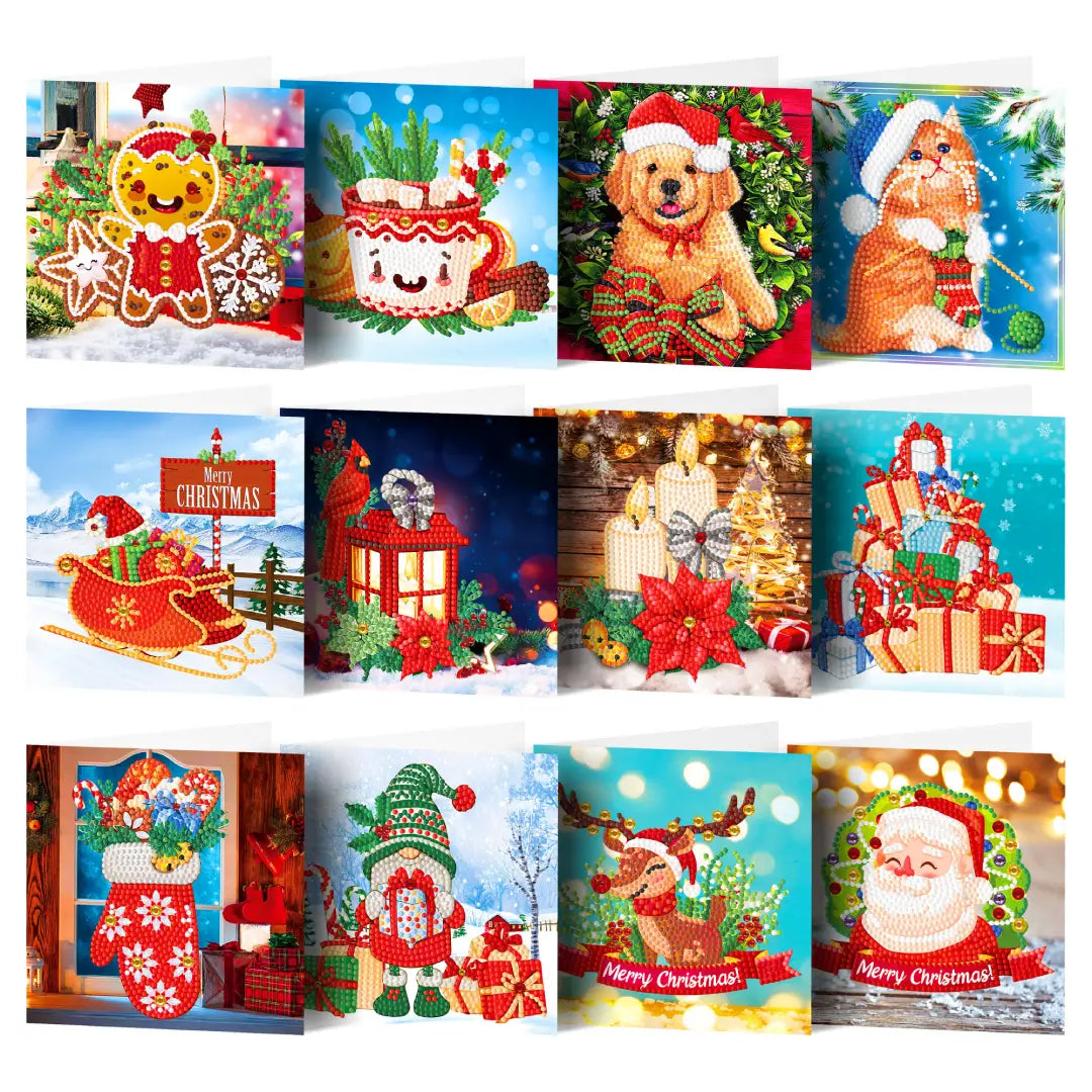 Set van diamond painting kerstkaarten met diverse ontwerpen zoals kerstman, sneeuwpop, hond en kat