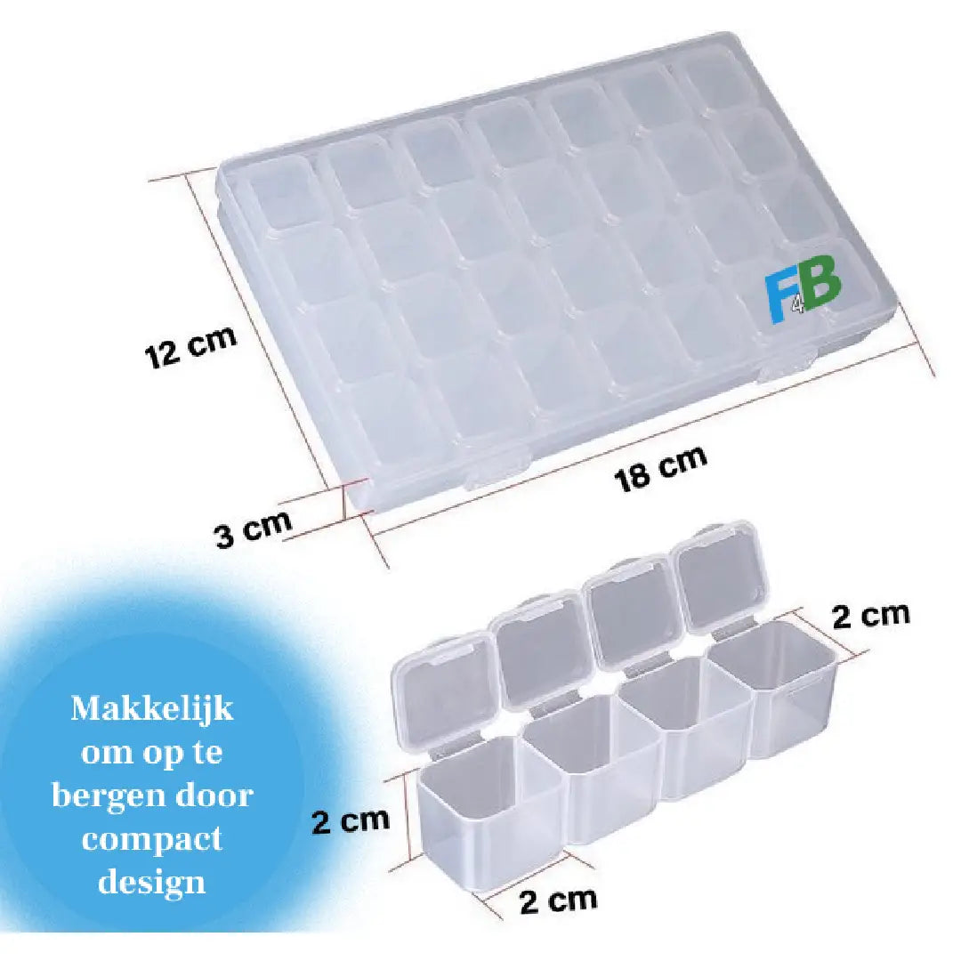 Compacte transparante opbergdoos voor diamond painting met duidelijke afmetingen, ideaal voor het organiseren van kleine onderdelen.